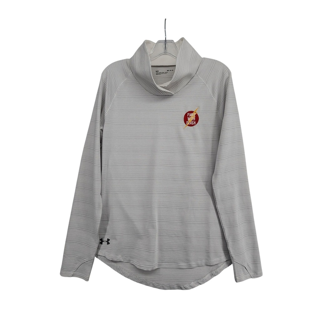 Under Armour MD White Gray Stripe Fight With Flash Mock Neck Long Sleeve Shirt